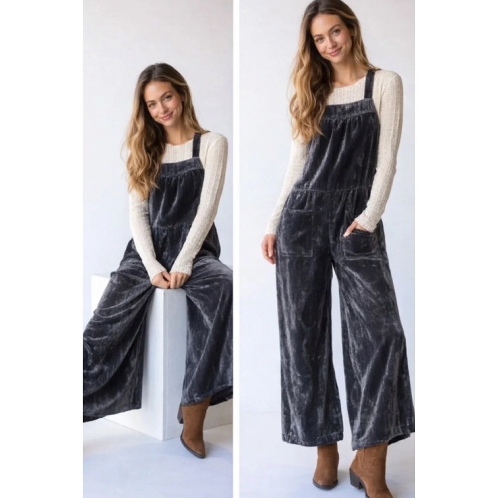 Natural Life Dakota Crushed Velvet Wide Leg Overalls Women XL Gray Boho NWT